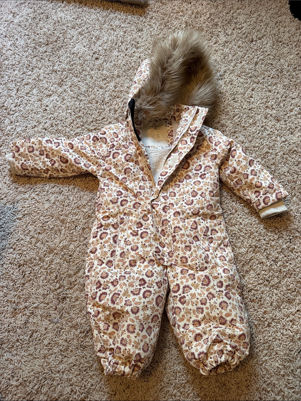 Rylee + Cru Cream Floral Snowsuit with Faux Fur Hood